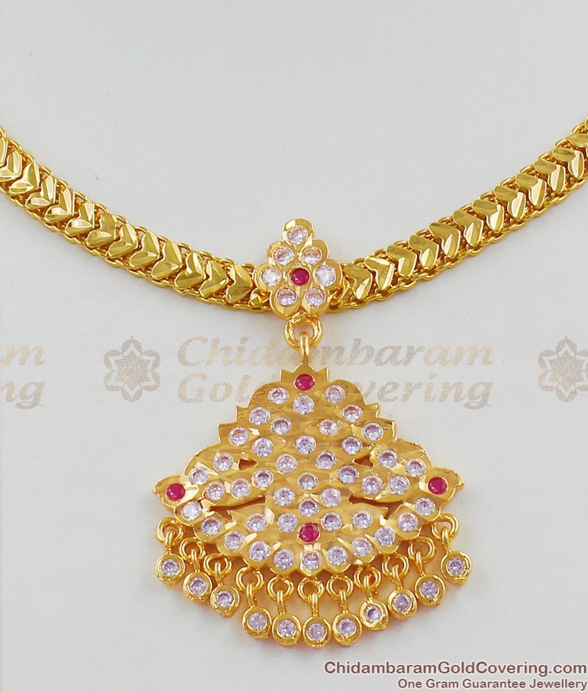 Knitted Heart Chain Five Metal Gold Necklace With Classic White And Pink Stones NCKN1264