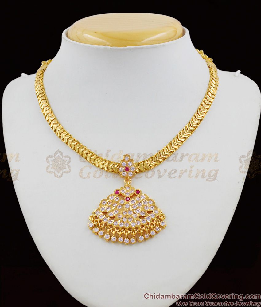 Attractive Gold Five Metal Pink And White Stone Bridal Design Necklace NCKN1265