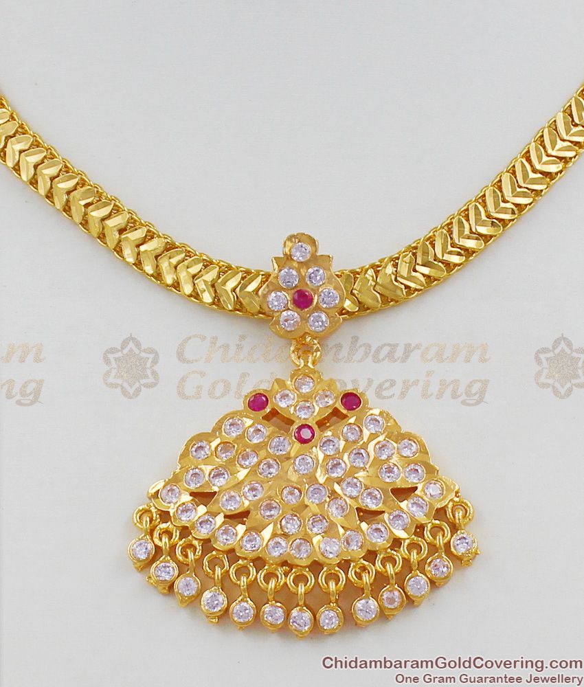 Attractive Gold Five Metal Pink And White Stone Bridal Design Necklace NCKN1265