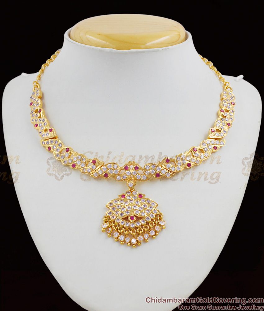 Full Gold Traditional Impon Peacock Pattern Necklace With AD Ruby Stone NCKN1266