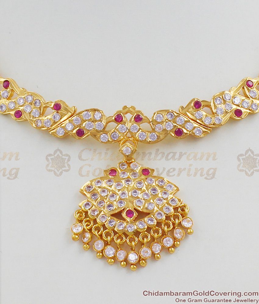 Full Gold Traditional Impon Peacock Pattern Necklace With AD Ruby Stone NCKN1266
