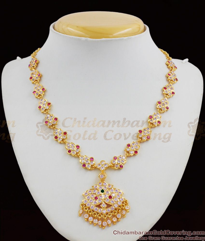 New Arrival Grand Gold Plated Impon Full Pink And White Stone Bridal Necklace Jewellery NCKN1268