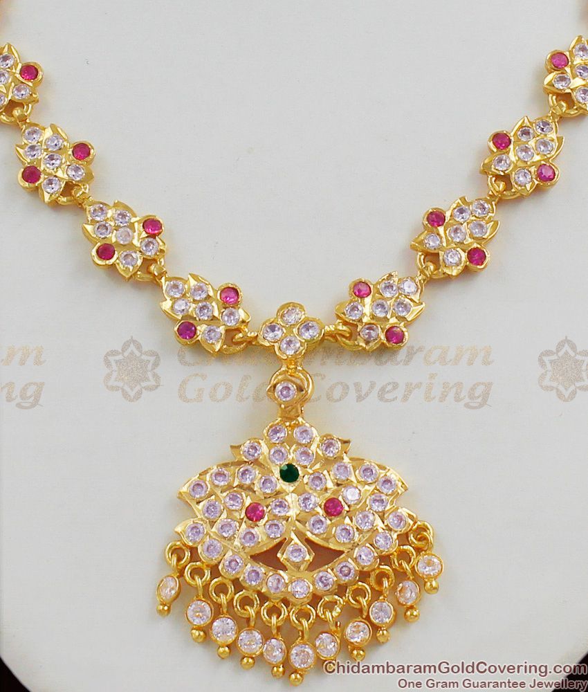 New Arrival Grand Gold Plated Impon Full Pink And White Stone Bridal Necklace Jewellery NCKN1268