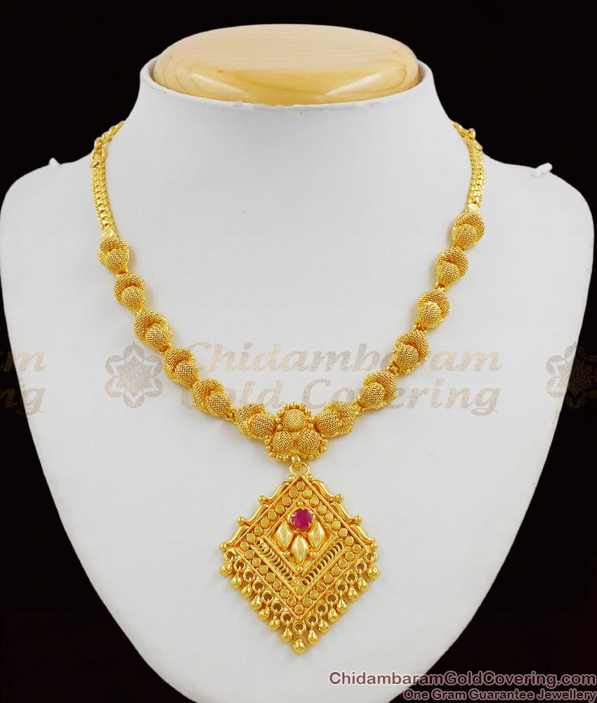 Dollar Chain Design Gold Plated Ruby Stone Necklace Bridal Collection Jewelry Net Pattern NCKN1273