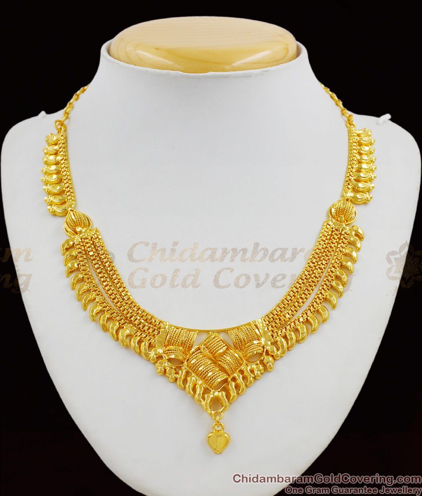 Three Line Admiring Gold Calcutta Necklace With Cute Heart Bead Online Collection NCKN1277