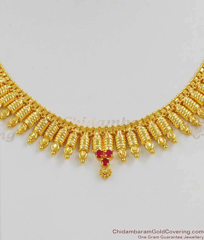 Attractive Ruby Stone Full Gold Finish Short Necklace Chain Party Wear Jewelry NCKN1285