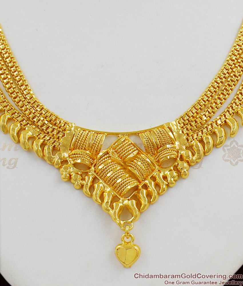 Trending Pure Gold Three Line Bridal Necklace Jewellery With Heart Bead NCKN1286