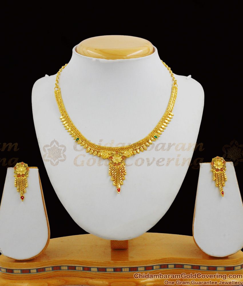 Two Gram Gold Simple Design Enamel Forming Short Necklace Jewelry With Earrings NCKN1297