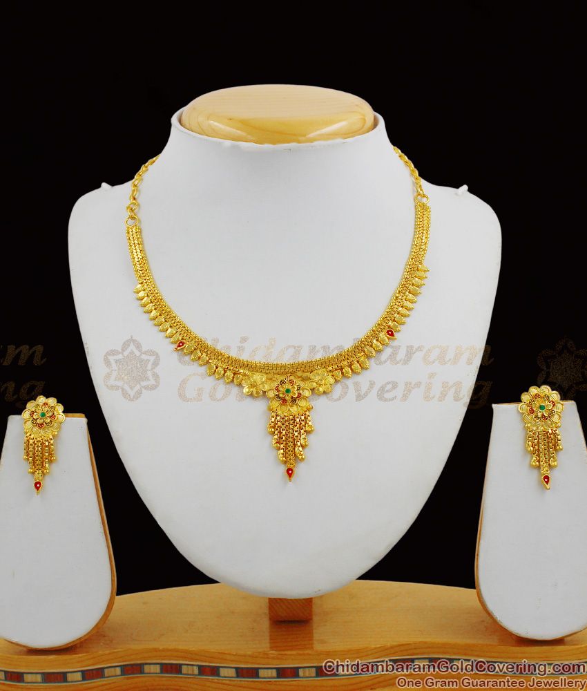 Enamel Forming Two Gram Gold Plated Bridal Set Necklace With Earrings Collection NCKN1298