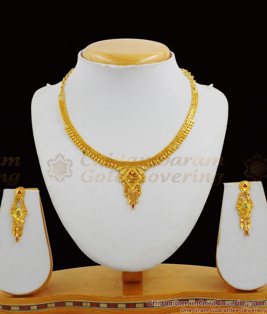 Fancy Design Two Gram Gold Inspired Forming Necklace Earrings Combo Set Jewellery NCKN1299
