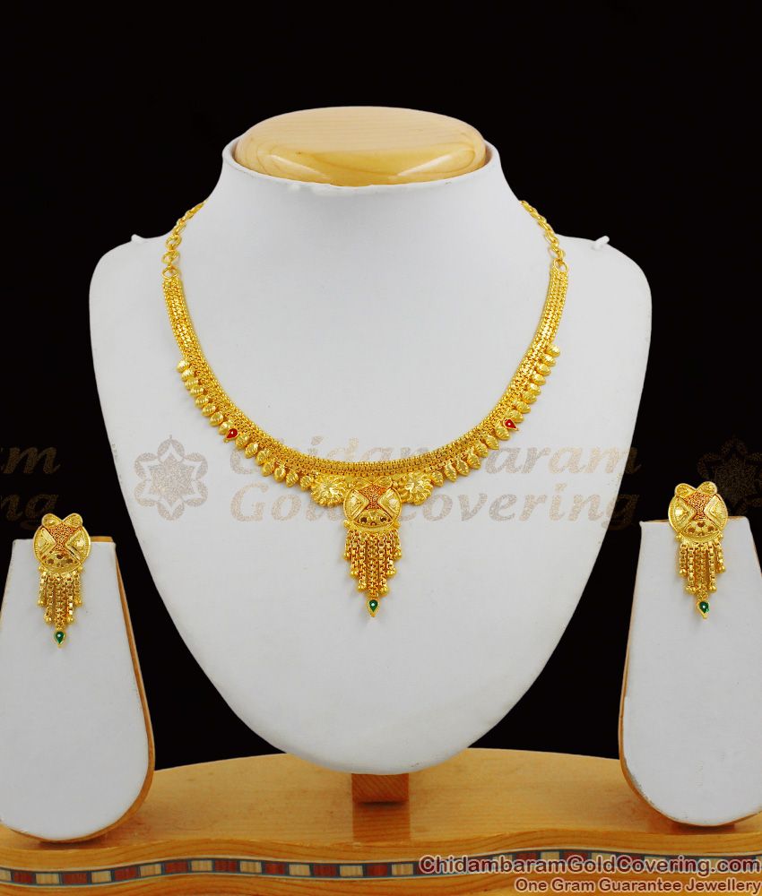 Trendy Model Enamel Forming Two Gram Gold Necklace Earrings Bridal Jewelry NCKN1300