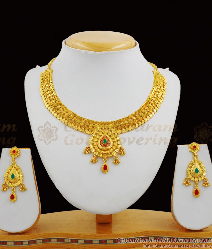Attractive Real Gold Like Close Neck Forming Choker With Earrings Bridal Jewellery Set NCKN1302