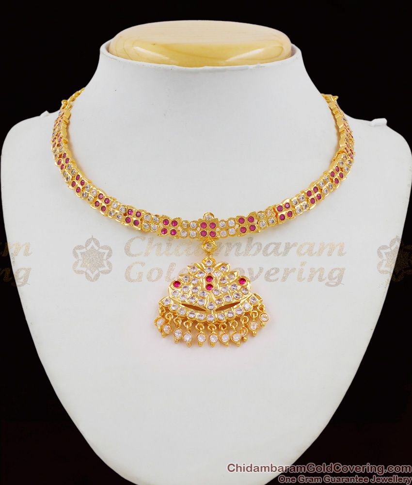 Choker Model Gold Ayimpon Five Metal Pink And White Gati Stone Necklace For Ladies NCKN1310