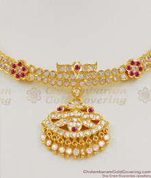 Grand Double Side Flower Design Gold Finish Impon Necklace With AD Ruby Stone Jewelry NCKN1312