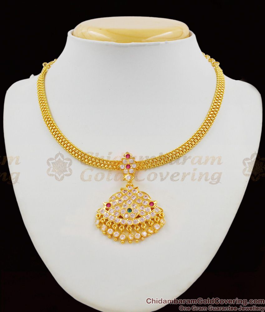 Impon Real Gold Attigai With Multi Color Stones Dollar Chain Type Bridal Necklace NCKN1315