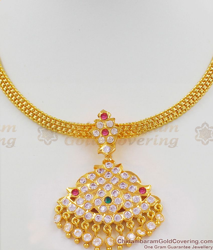 Impon Real Gold Attigai With Multi Color Stones Dollar Chain Type Bridal Necklace NCKN1315