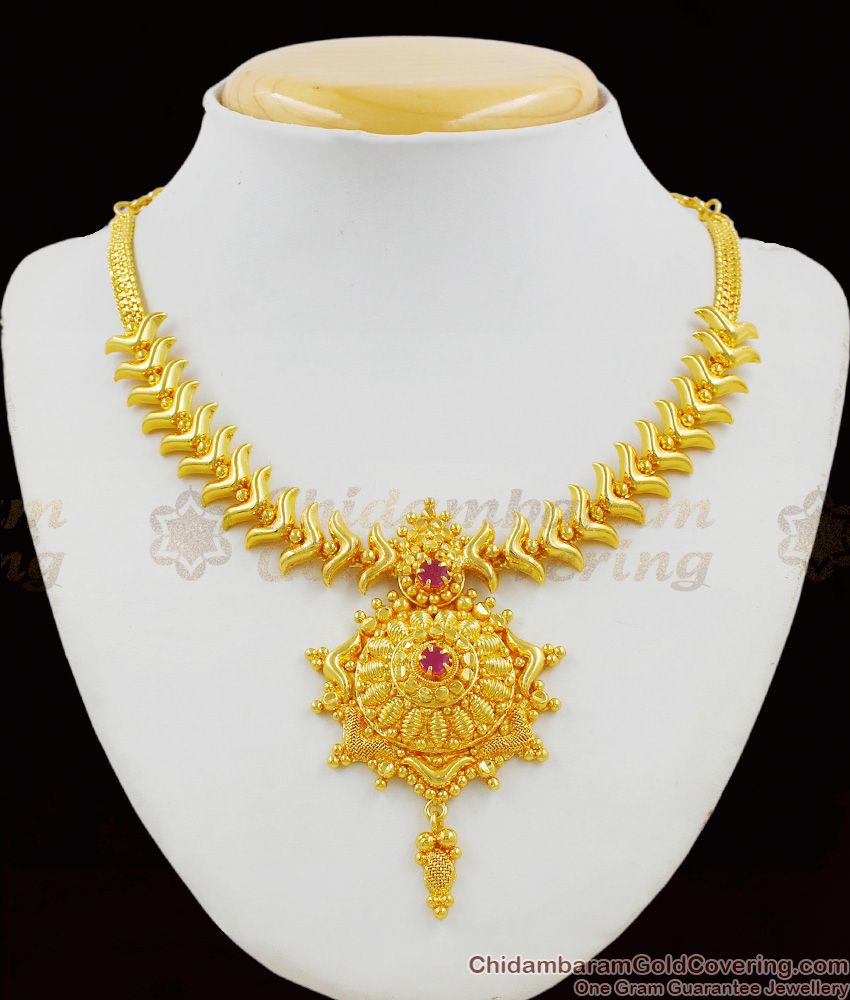 Gold Beads Ruby Stone Dollar Mullaipoo Chain Design Bridal Necklace Collections NCKN1319