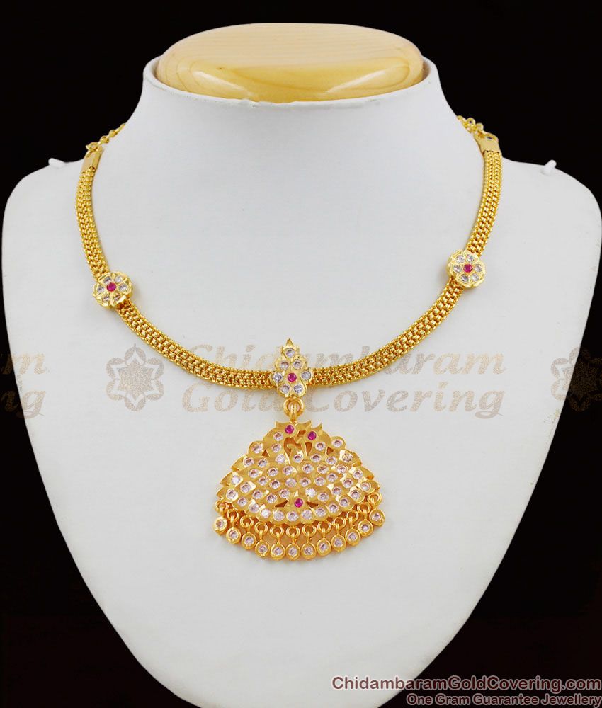Gold Bridal Jewelry Gati Stone Side Mugappu Swan Design Impon Necklace With Stones NCKN1330