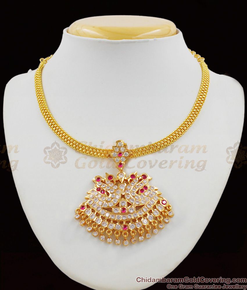 Amazing Gold Impon Peacock Design Ruby White Stone Necklace Chain New Arrival NCKN1336