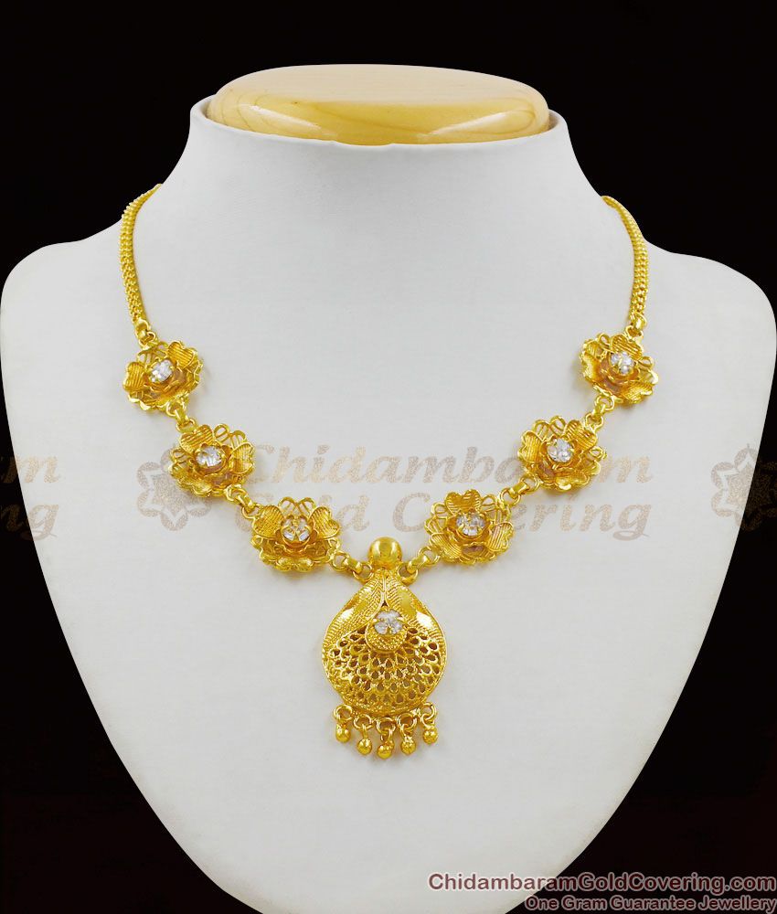 Sparkling AD White Stone Flower Design Gold Plated Necklace For Marriage NCKN1352