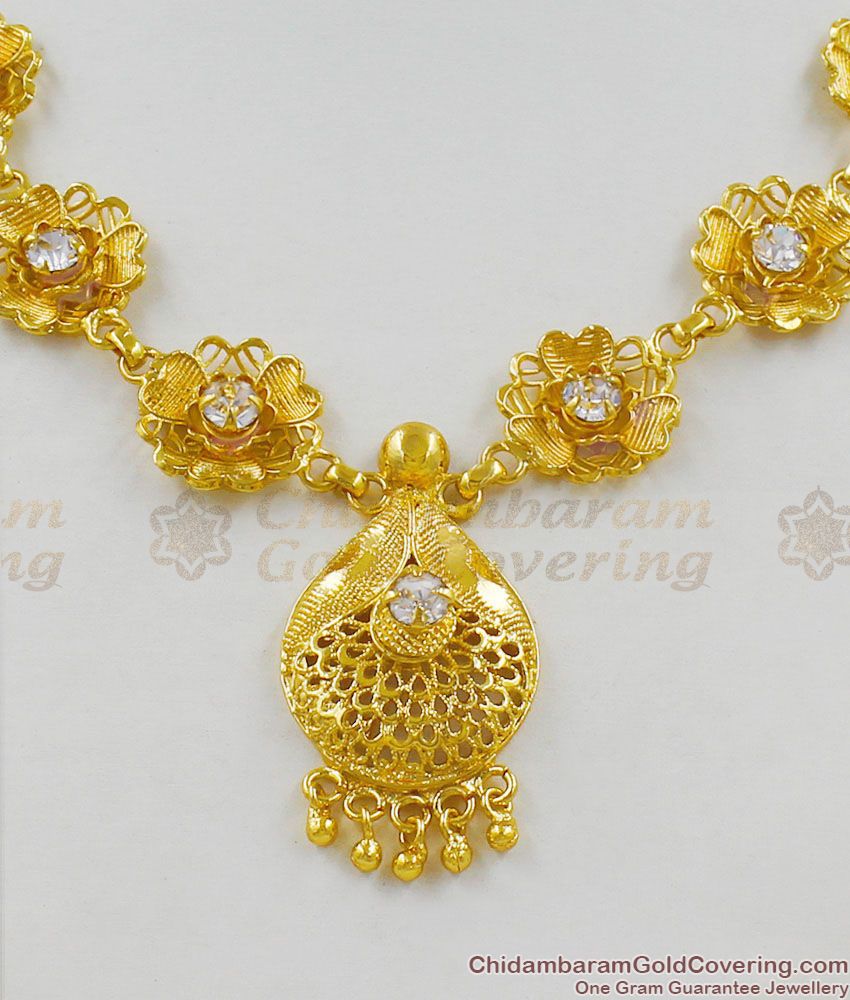 Sparkling AD White Stone Flower Design Gold Plated Necklace For Marriage NCKN1352
