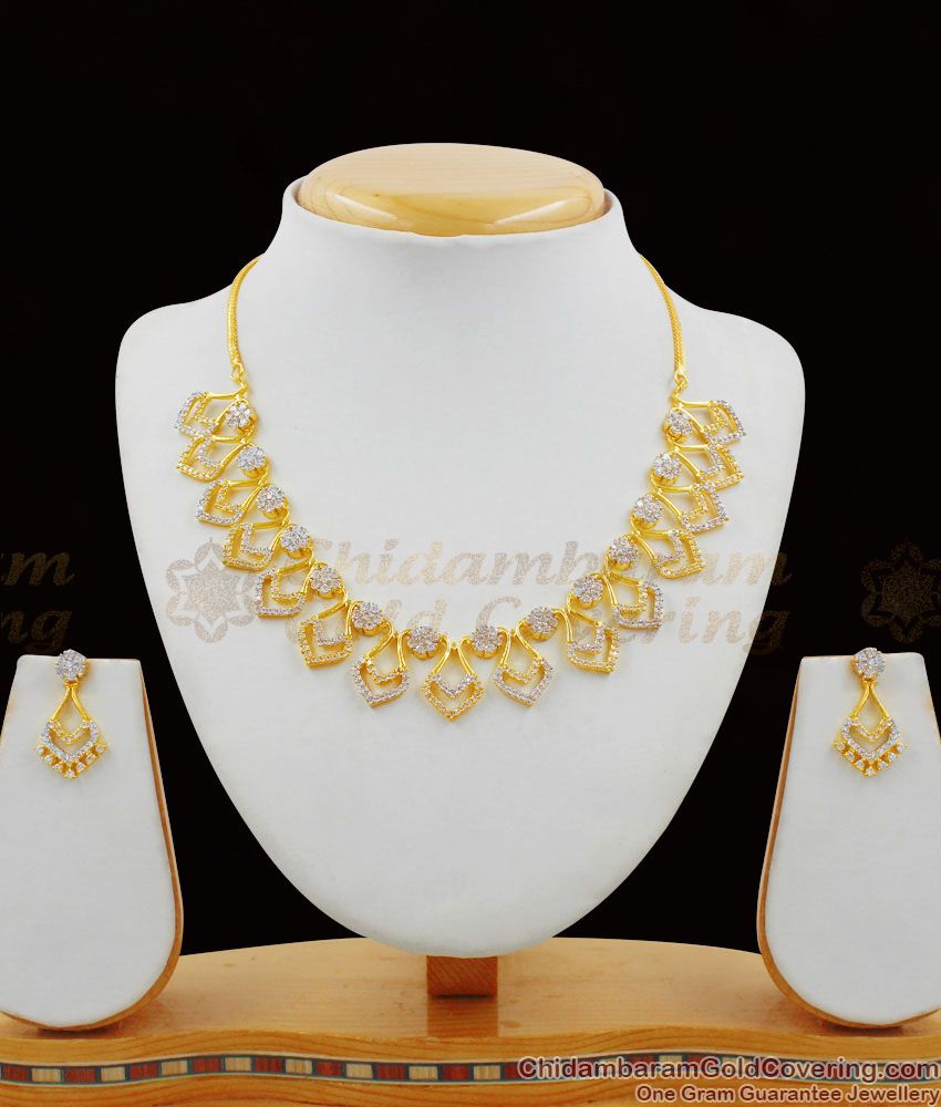 Party Wear Design White AD Stone Forming Gold Necklace Earrings Jewelry Set NCKN1367