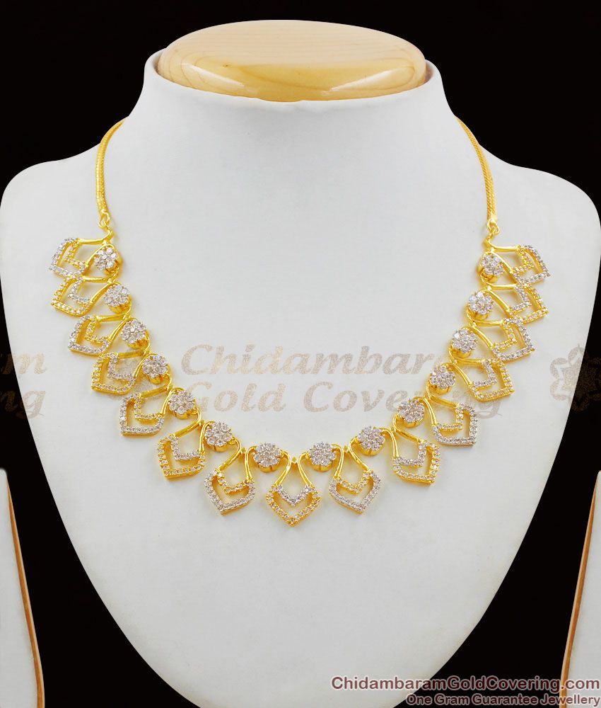 Party Wear Design White AD Stone Forming Gold Necklace Earrings Jewelry Set NCKN1367