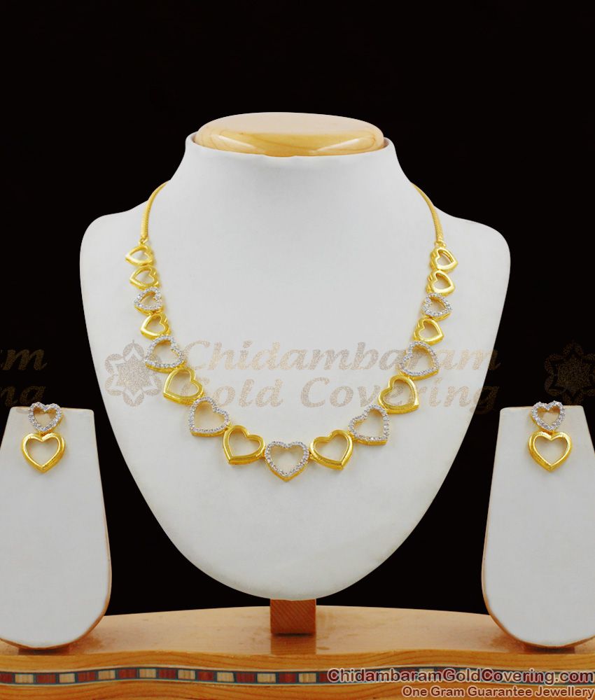 White Sparkling Stone Heart Pattern Gold Forming Valentines Gift Necklace Combo Set NCKN1369