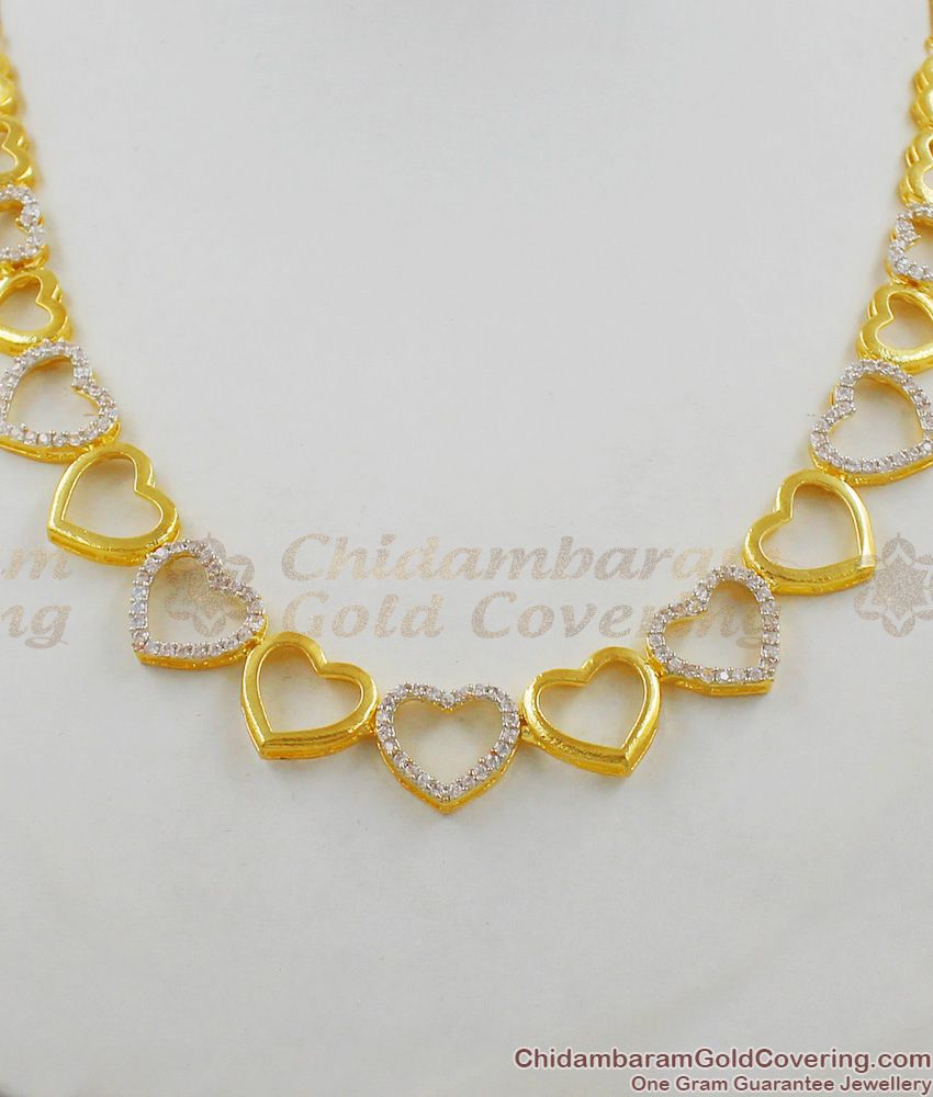 White Sparkling Stone Heart Pattern Gold Forming Valentines Gift Necklace Combo Set NCKN1369