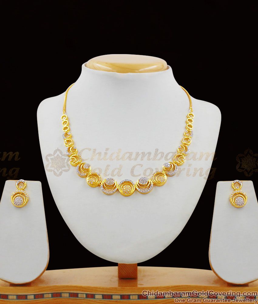 Circlet Pattern Forming Gold White Stone Necklace Earrings Set For Loved Ones NCKN1370