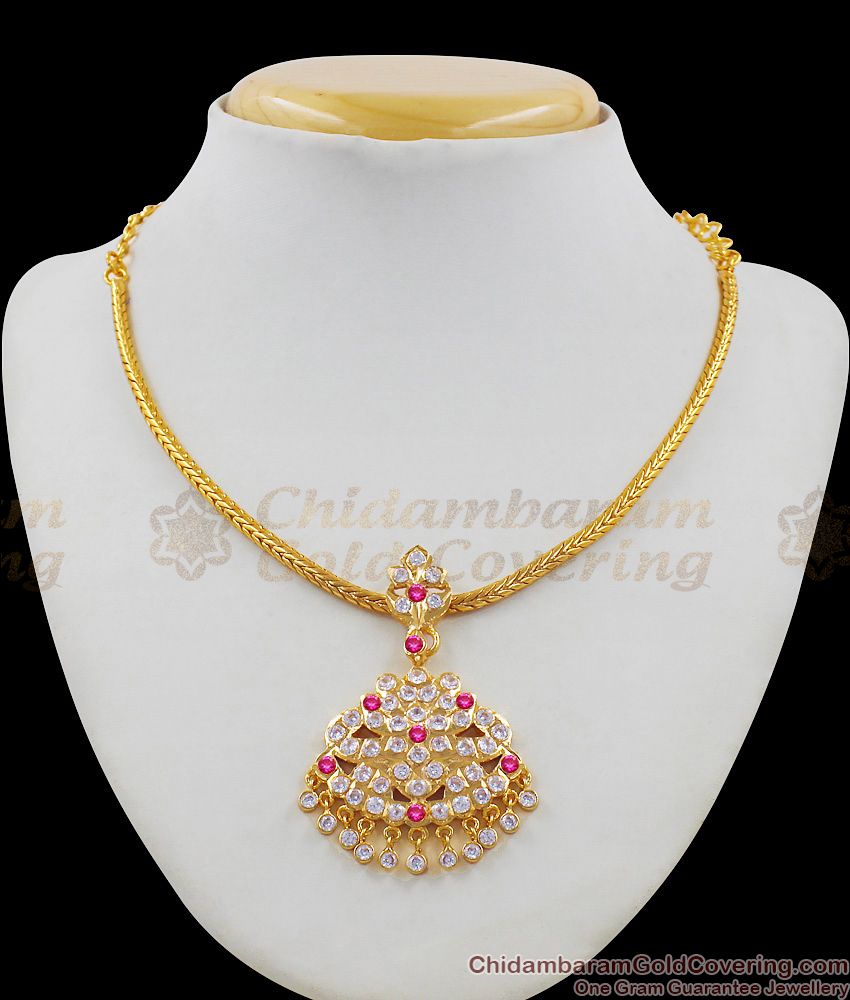 Traditional Gold Attigai Big Five Metal AD Ruby Stone Dollar With Beads NCKN1373