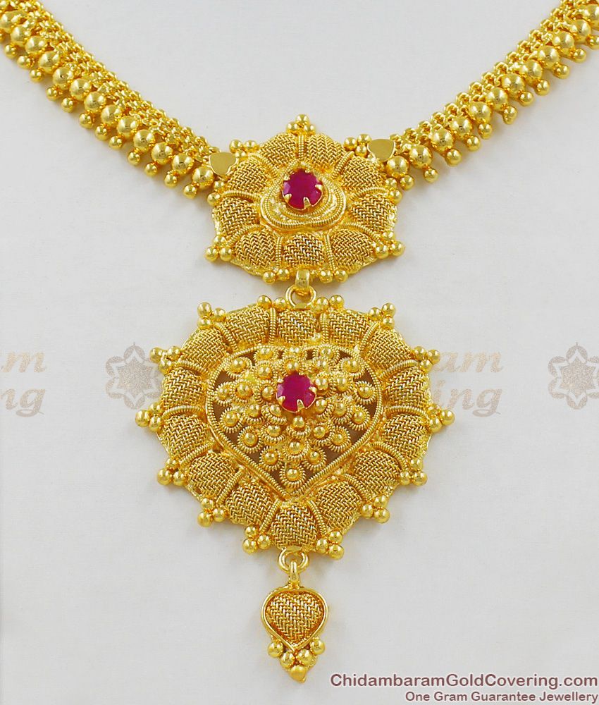 New Attractive Model Net Pattern Ruby Stone Gold Plated Bridal Necklace Online NCKN1379