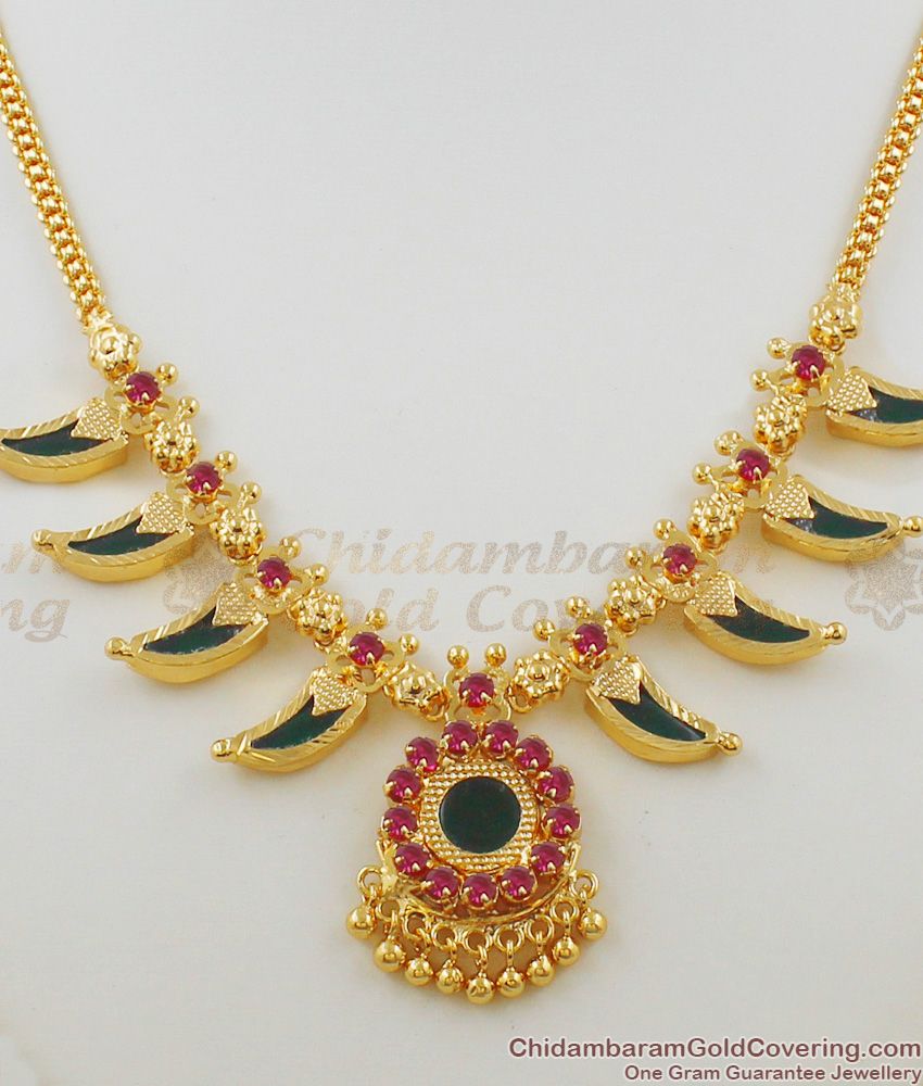 Attractive Kerala Palakka Gold Plated Ruby Stone Necklace Bridal Jewellery NCKN1381