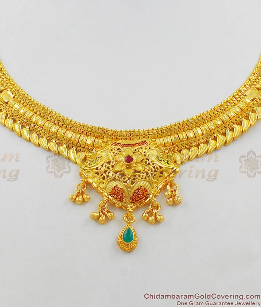 Delightful Color Stone Leaf Design Grand Gold Forming Necklace Bridal Collection NCKN1386