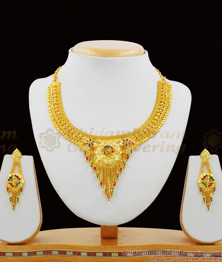 Fancy Color Stones Enamel Forming Gold Necklace With Earrings Combo Set NCKN1388
