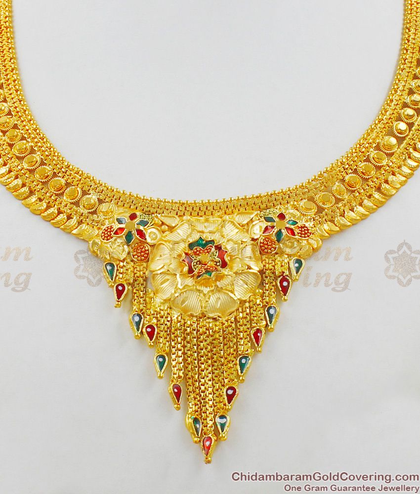 Fancy Color Stones Enamel Forming Gold Necklace With Earrings Combo Set NCKN1388