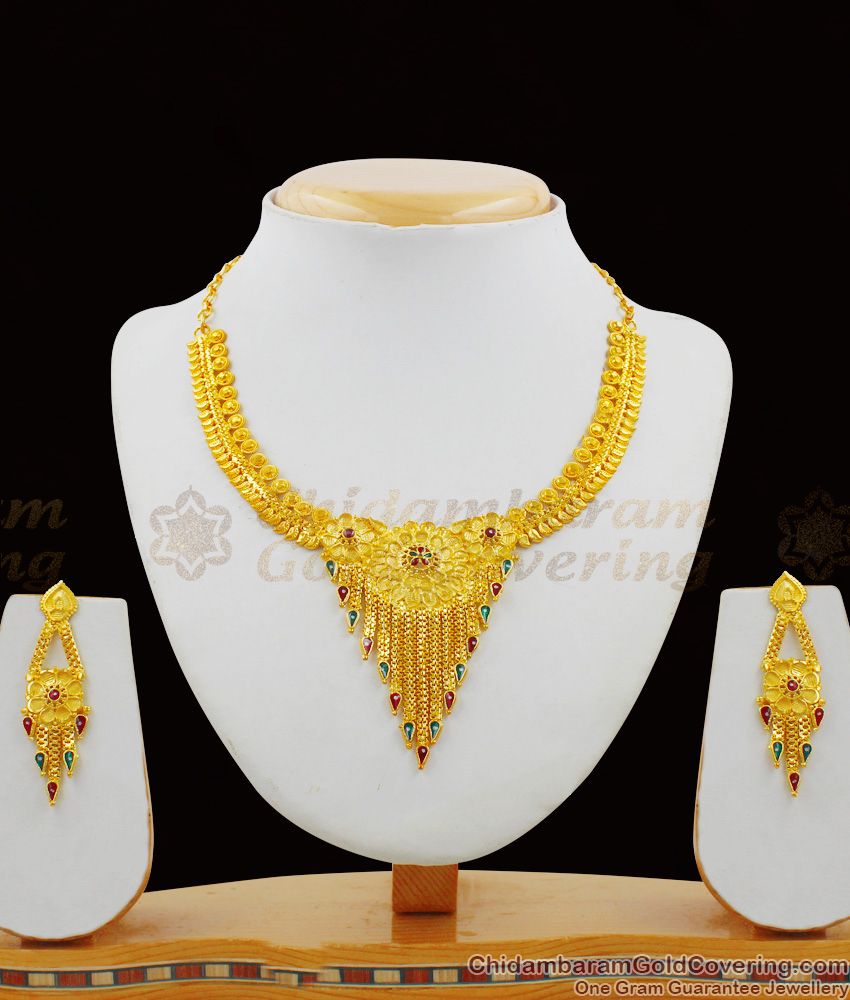 Bridal Droplet Model Gold Forming Necklace Earrings Combo Set Jewelry Design NCKN1389