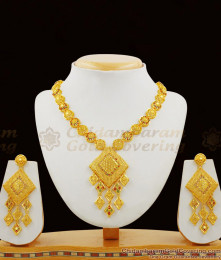 Magnificent Diamond Pattern Forming Gold Bridal Necklace Set With Earrings NCKN1393