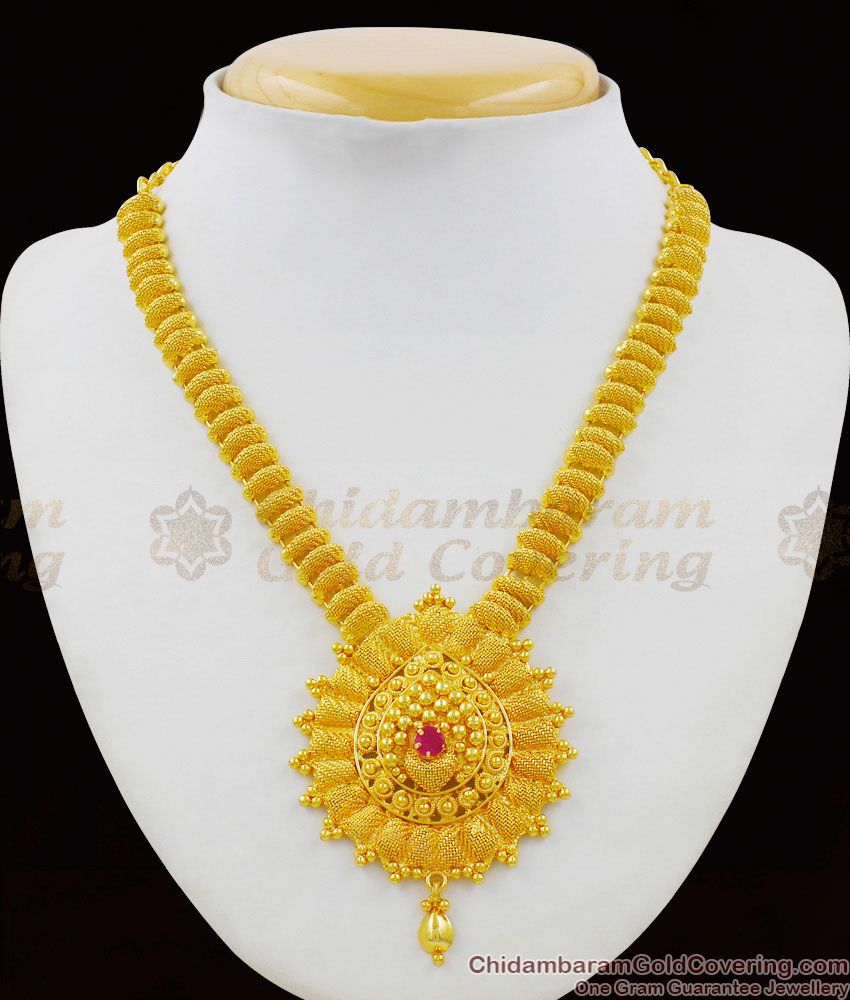 Net Pattern Kerala Design With Ruby Stone Gold Plated Necklace Collection NCKN1414