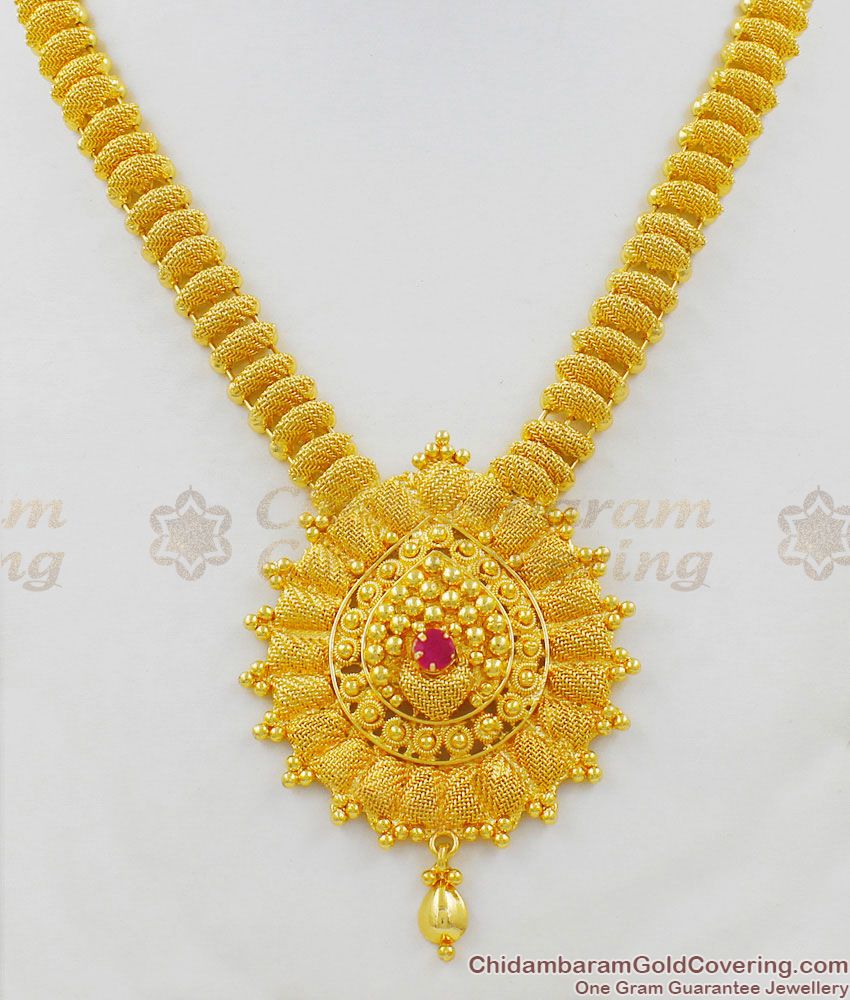 Net Pattern Kerala Design With Ruby Stone Gold Plated Necklace Collection NCKN1414