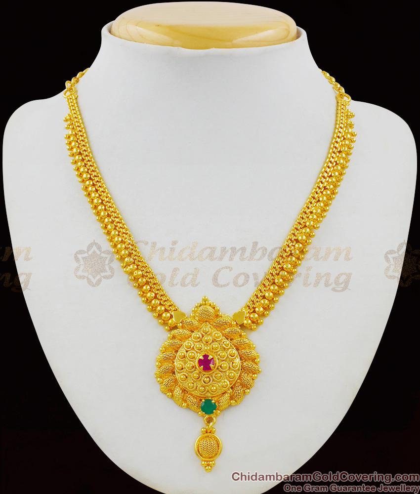 One Gram Gold Single Ruby Stone  And Single Emerald Stone Necklace for Marriage Functions NCKN1441
