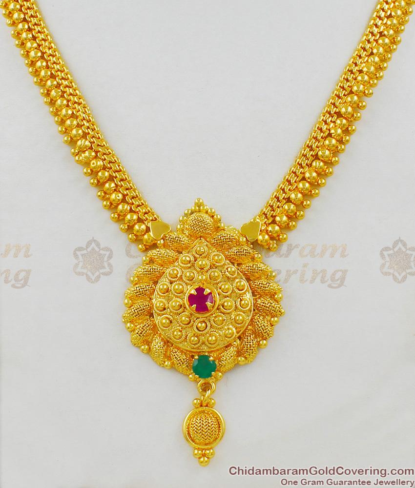 One Gram Gold Single Ruby Stone  And Single Emerald Stone Necklace for Marriage Functions NCKN1441