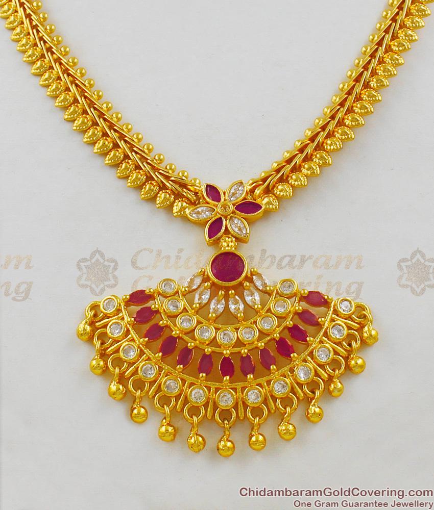 One Gram Gold Ruby White Pattern Gold Necklace Set Bridal Jewelry NCKN1457