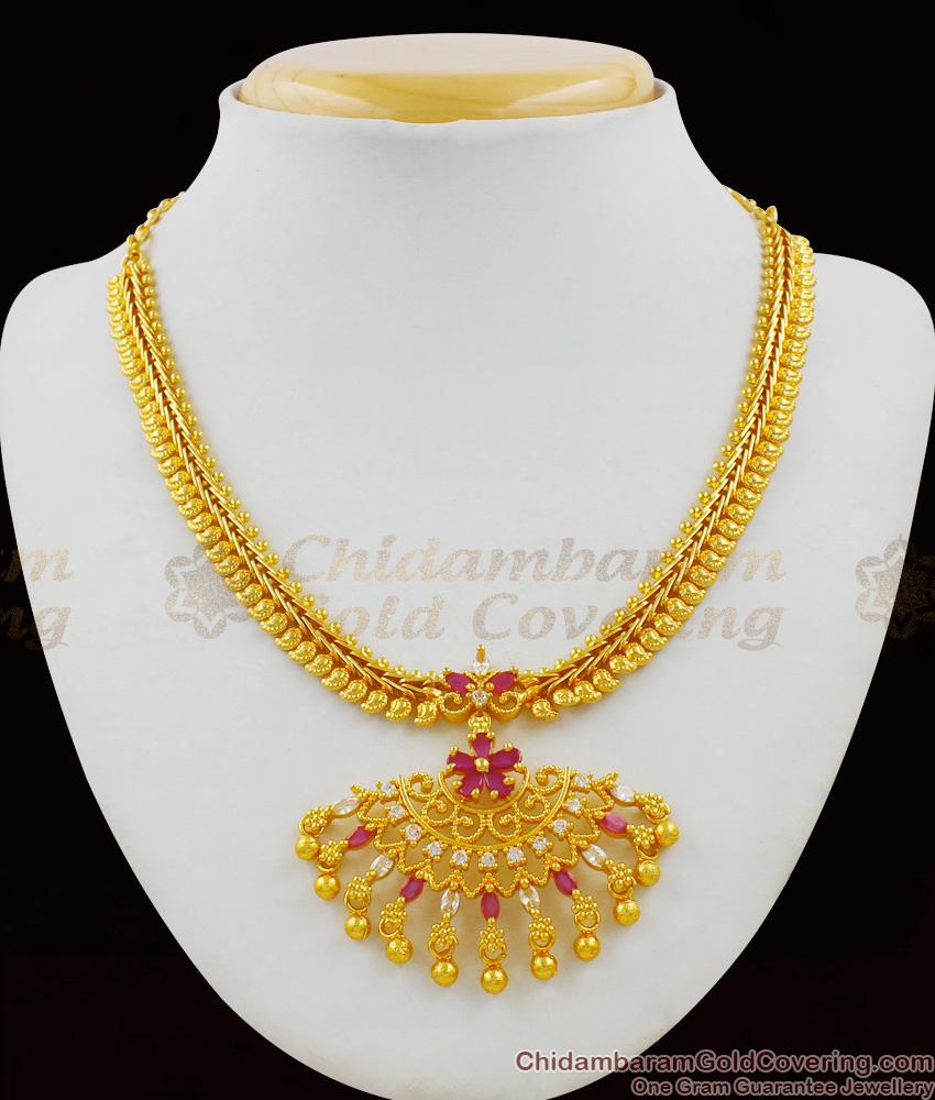 Unique One Gram Gold Ruby White Pattern Gold Necklace Set Bridal Jewelry NCKN1458