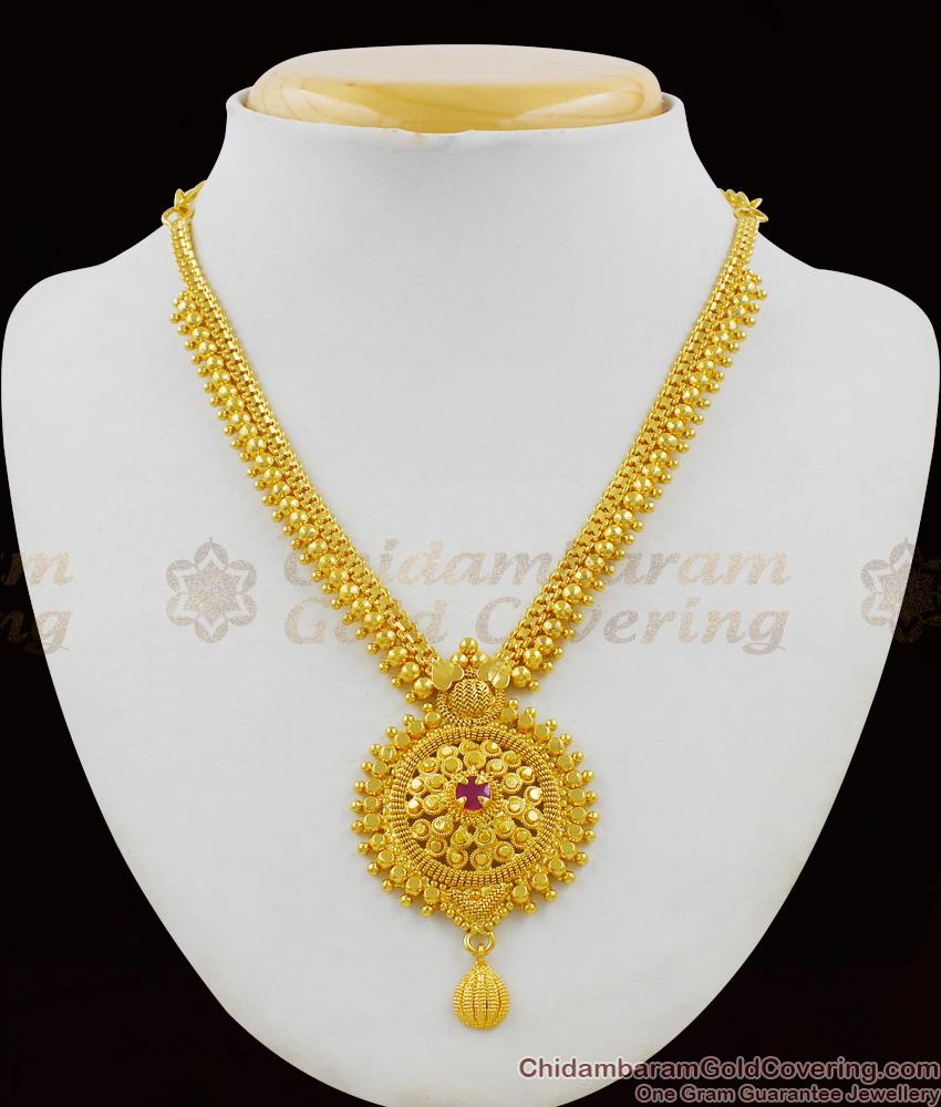 Traditional Single Stone Ruby Dollar Emerald Pattern Gold Necklace Set Bridal Jewelry NCKN1459