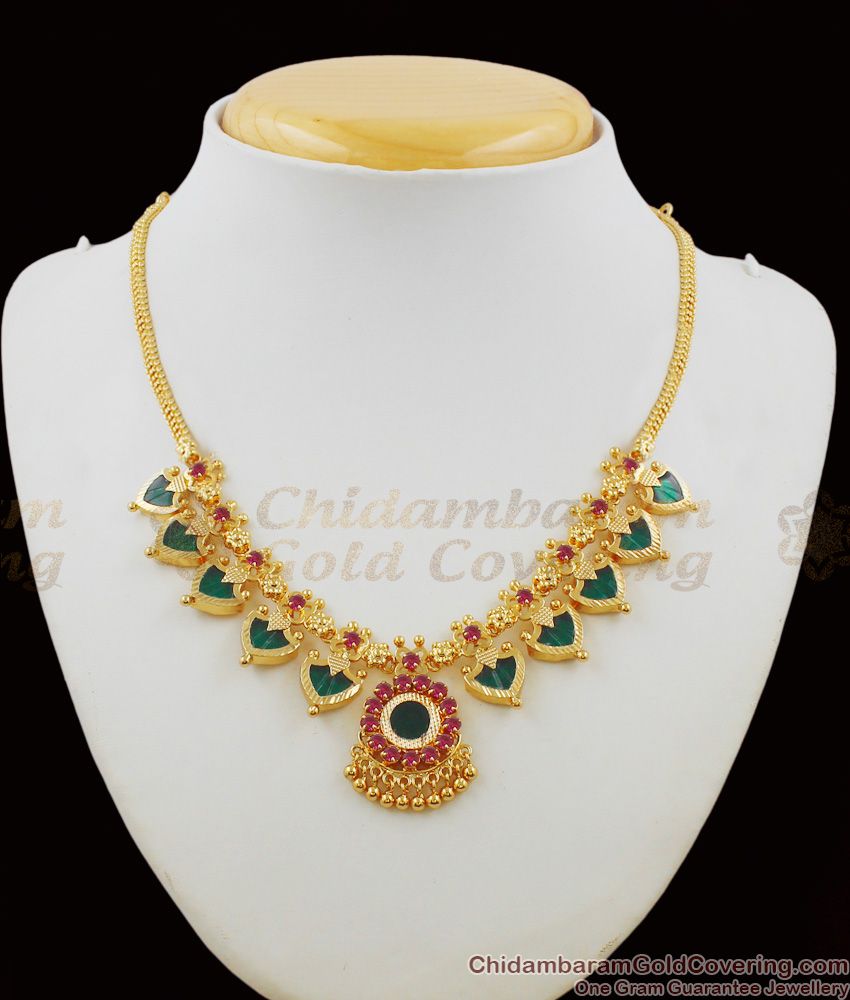 Bridal Necklace Five Petal Pink And Green Stone Kerala Palakka Necklace NCKN1463