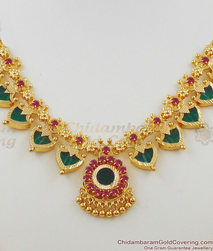 Bridal Necklace Five Petal Pink And Green Stone Kerala Palakka Necklace NCKN1463