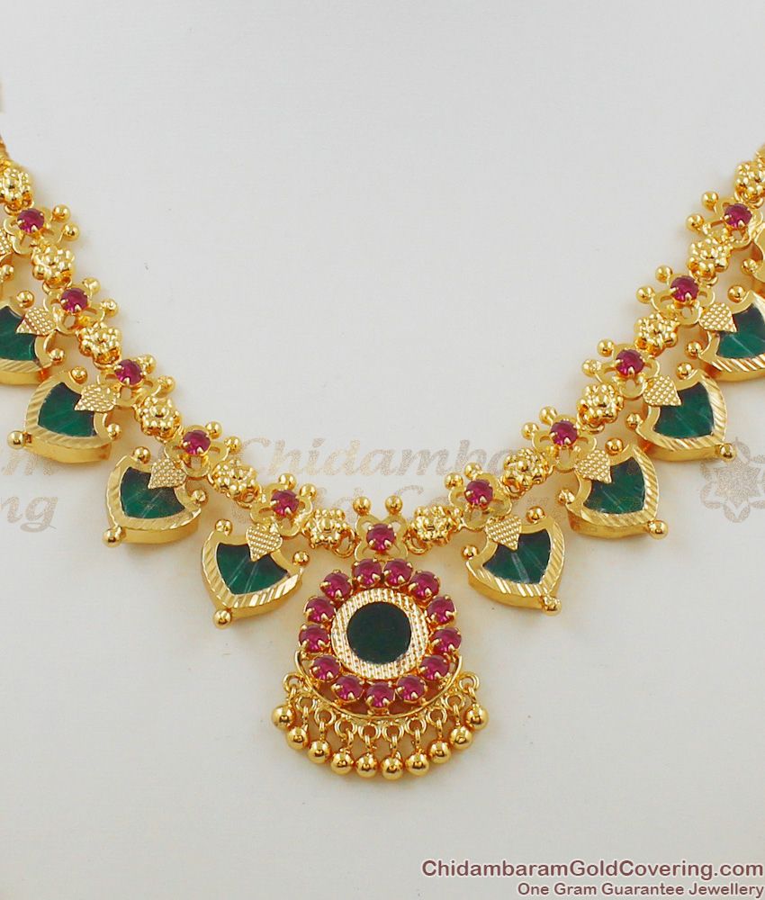Bridal Necklace Eight Petal Pink And Green Stone Kerala Palakka Necklace NCKN1464 Bridal Necklace Eight Petal Pink And Green Stone Kerala Palakka Necklace NCKN1464