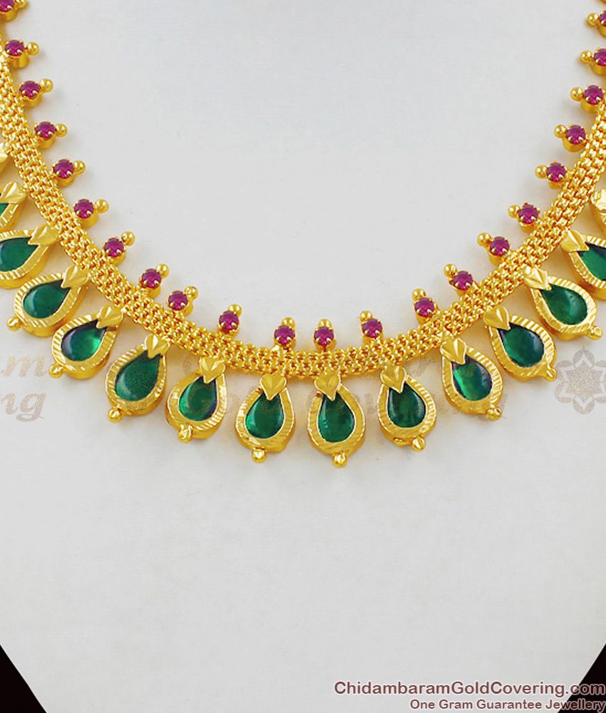 Bridal Necklace Pink And Green Stone Kerala Palakka Necklace Choker Collections NCKN1471