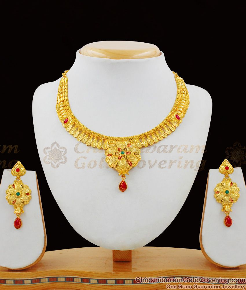 Enamel Forming Gold Flower Dollar Model Bridal Necklace With Earrings Set Jewelry NCKN1485